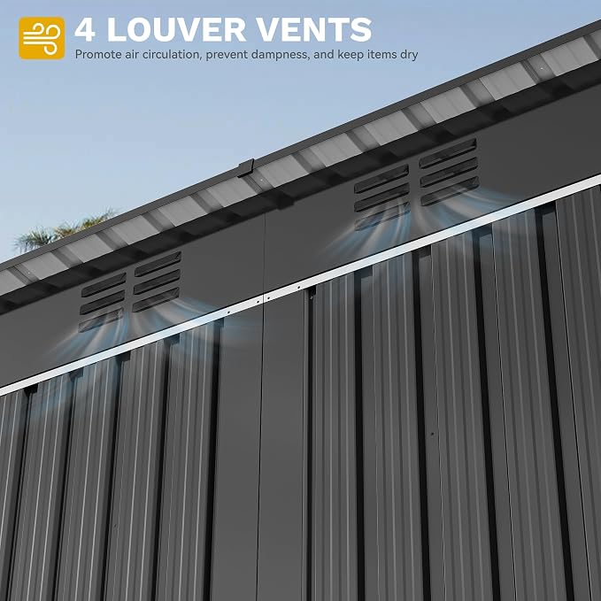 DWVO 9' x 4' Outdoor Storage Shed with Windows, Lockable Double Doors, Sloped Roof, Heavy-Duty Steel Shed for Garden & Patio, Large Backyard Tool Organizer, Dark Gray
