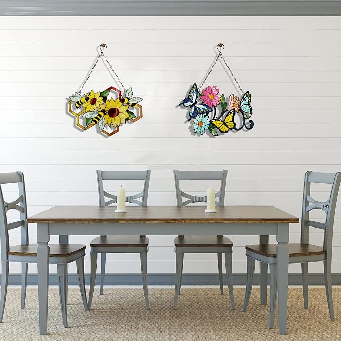 Metal Bee Wall Decor Wall Art On The Bathroom living Room Outdoor Fence Decorations With Silhouette Ornament Branch Wall Hanging Sign For Balcony Garden Decor 15" x 12" (bee flowers)