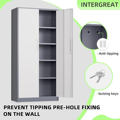 INTERGREAT Metal Storage Cabinet, 72" Locking Steel Cabinets with 2 Door and 4 Adjustable Shelves, Tall Metal Cabinet for Home Office, Garage, Warehouse, New Grey