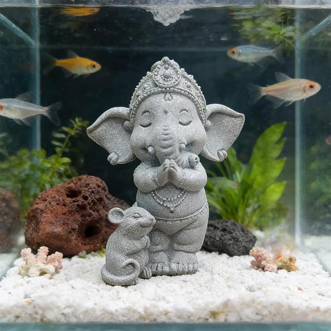 livelyfish Small Elephant Statue Sandstone Figurine Hindu Meditation Buddha Sculpture for Fish Tank Aquarium Decoration (E)