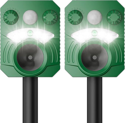 2 Pack Cat Repellent Outdoor Deer Repellent Device Dog Repeller Solar Animal Repellent Ultrasonic Squirrel Repeller Waterproof Racoon Fox with Motion Activated Sensor Flashing Light (Green)
