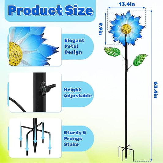Blue Flower Metal Wind Spinner, 63.4" Kinetic Large Wind Sculptures with 5 Prong Anti-Tip Ground Stake, All Weather Kinetic Yard Art Decor for Lawn Garden Patio Outside Ornament