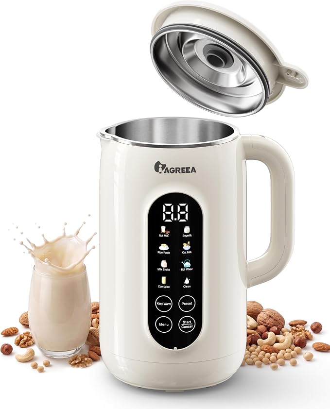 IAGREEA 10-in-1 Nut Milk Maker Machine 304 Stainless Steel Lid BPA Free, 35oz Soy Milk Maker for Homemade Milkshake, Almond, Oat, Plant-Based Drink, 10 Blades Blender with timer/Boil Water/Self Clean
