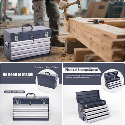 4 Drawers Metal Tool Box, 21'' Portable Metal Tool Box with EVA Liners & Auto-Locking Mechanism, Heavy Duty Steel Tool Chest with Ball-Bearing Drawer Slides & Convenient Top Handle, Grey