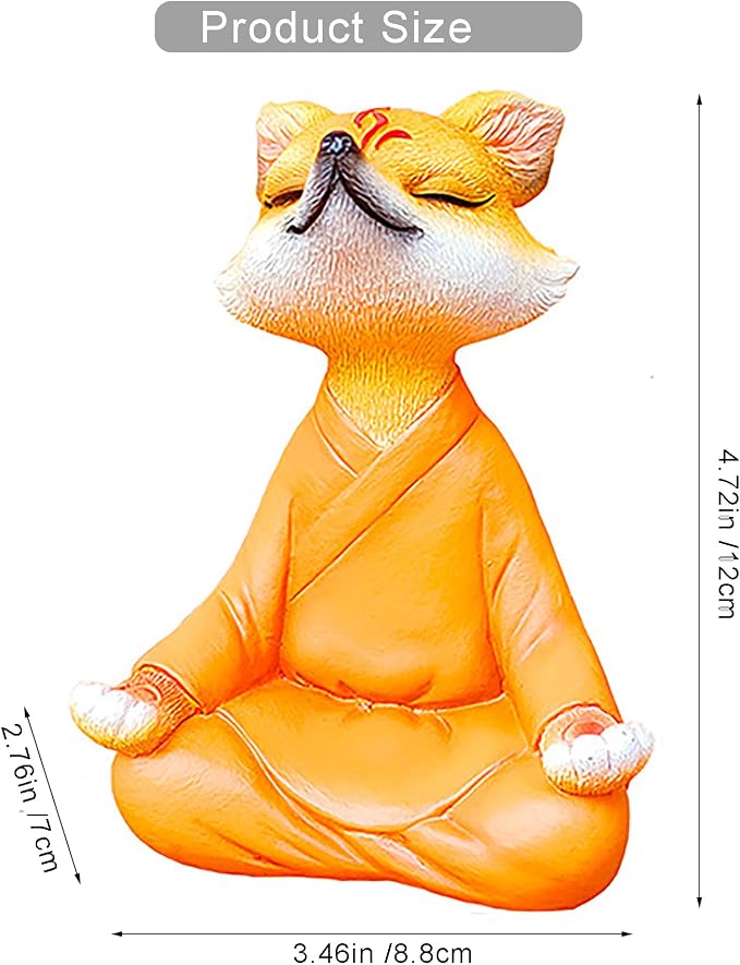 Orange Resin Fox Statue, Zen Yoga Figurine for Desktop & Garden | Mini meditative accents, garden & fox statues, fox figurines, spiritual gifts, feng shui shelf decor for plant & yoga lovers