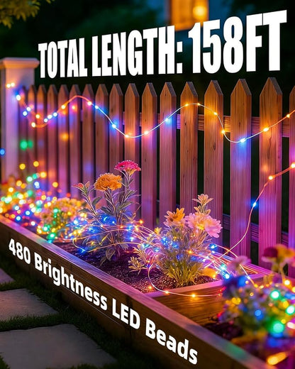 Solar Fairy String Lights 4 Pack Outdoor Remote Total 158FT 480LED Warm Multicolor 11 Mode Solar Powered Waterproof Copper Wire Twinkle String Light for Christmas Garden Tree Wedding Yard Decoration