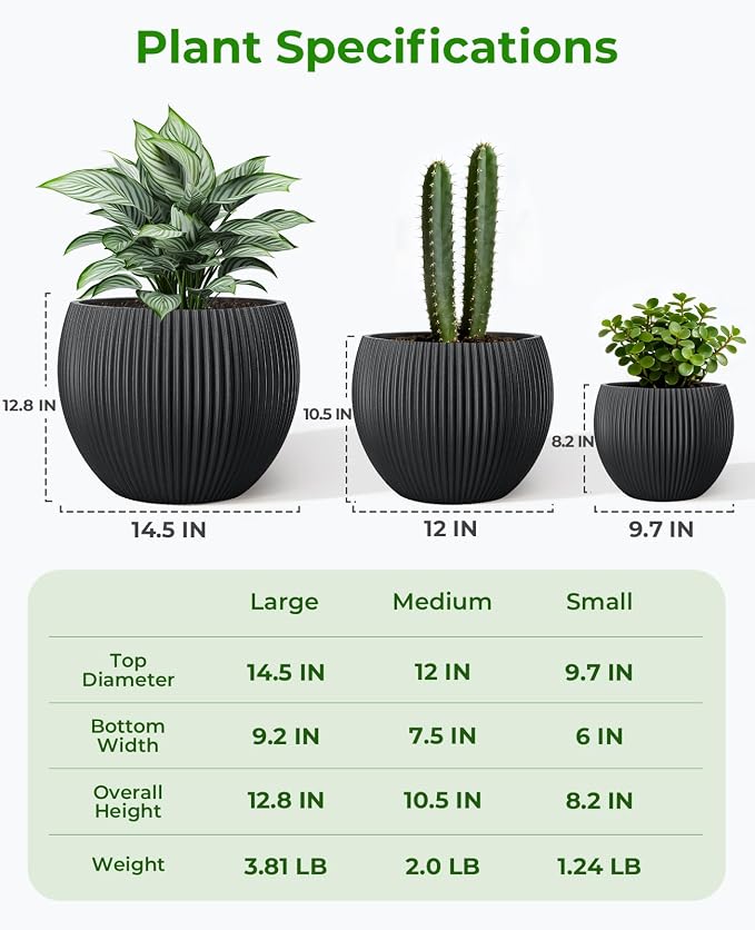 homenote Flower Pots 14.5/12/9.7 Inch,Large Plant Pots Indoor with Drainage,Plastic Pots for Plants,Garden Pots for Outdoor,Large Planters for Indoor Plants,Big Plastic Planter(3 Pcs)