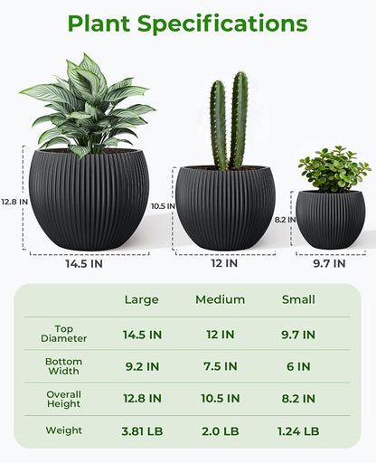 homenote Flower Pots 14.5/12/9.7 Inch,Large Plant Pots Indoor with Drainage,Plastic Pots for Plants,Garden Pots for Outdoor,Large Planters for Indoor Plants,Big Plastic Planter(3 Pcs)