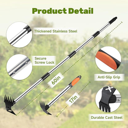 60" Weed Puller Tool with Long Handle and 17" Weeding Tools Gardening Set, Dual Side Hand Weed Rake and Hoe Garden Weeder, Weed Pulling Remover Tool for Yard, Patio, Lawn and Garden Planting (Black)
