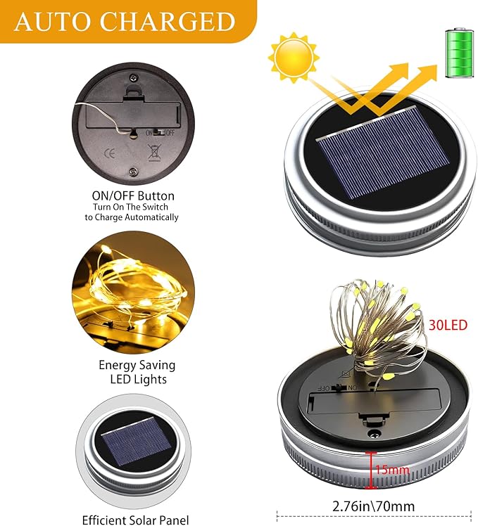 Mason Jar Solar Lights for Outside, 12 Pack 30LED Fairy Firefly Lights Mason Jar Solar Lids Outdoor Waterproof String Lights with Hangers(NO Jars) for Patio Garden Yard Lawn Decor(6 Colors)