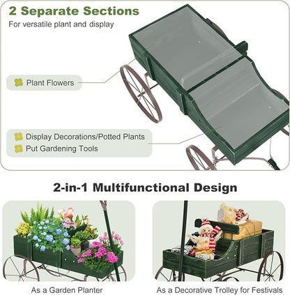 Wooden Wagon Planter, Decorative Flower Pots w/ 2 Planting Sections, Wheels & Handle, Rustic Farmhouse Garden Planter Box for Patio, Yard, Porch (Green)