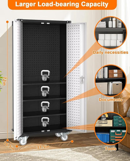 Garvee Cabinet Metal Storage Cabinet with Wheels, Heavy Duty Steel Rolling Organizer with Lockable Doors, Adjustable Shelves, Utility Garage Cabinet for Home, Office, Workshop, Laundry Room, Kitchen