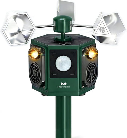 Ultrasonic Animal Repeller Outdoor Solar Powered - Motion Sensor Squirrel Cat Deer Bird Repellent Devices, Dual Horn 5 Animal Sounds, Spinner Reflector for Garden Farm Orchard Protection