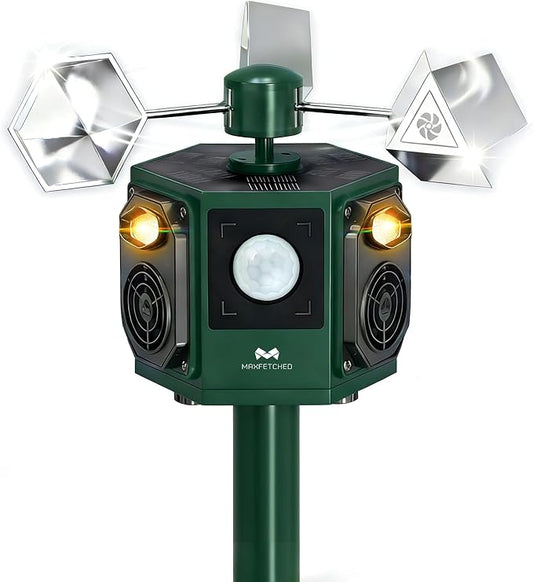 Ultrasonic Animal Repeller Outdoor Solar Powered - Motion Sensor Squirrel Cat Deer Bird Repellent Devices, Dual Horn 5 Animal Sounds, Spinner Reflector for Garden Farm Orchard Protection