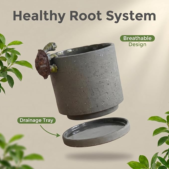 Nihow Ceramic Plant Pot with Resin Figure for Idoor Plants,5.7 Inch,Gray | Drainage Hole and Saucer, Indoor Use, Home Garden Patio Office