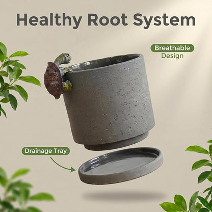 Nihow Ceramic Plant Pot with Resin Figure for Idoor Plants,5.7 Inch,Gray | Drainage Hole and Saucer, Indoor Use, Home Garden Patio Office