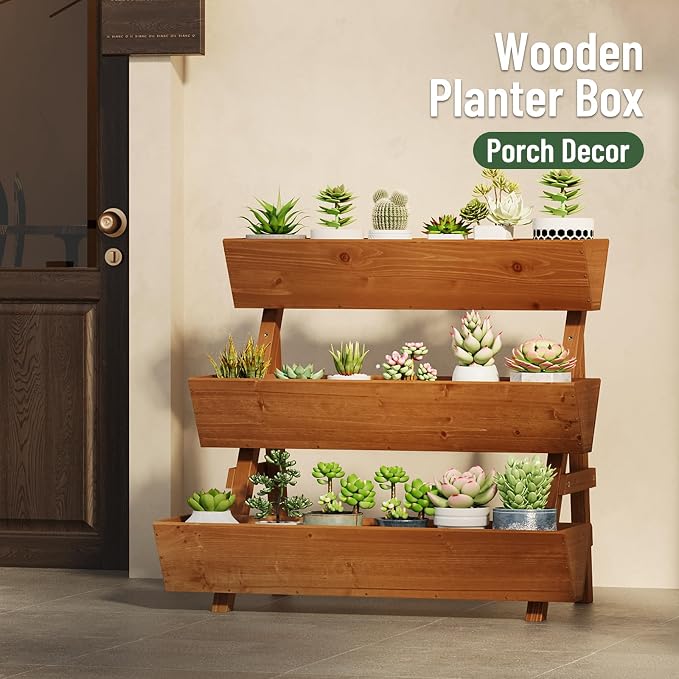 3-Tier Vertical Wooden Raised Garden Bed, Freestanding Garden Planter Box, Wood Flower Rack, Planter Box for Herbs, Vegetables, Outdoor Indoor Use, Large-Brown