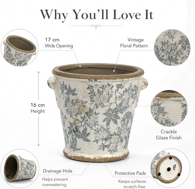 Dosayes Vintage Ceramic Flower Pot with Drainage Holes and Handle,Ice Crack Country Rustic Planters for Indoor Outdoor,Tuscan Decor,Home and Garden Decor,Gardening Present