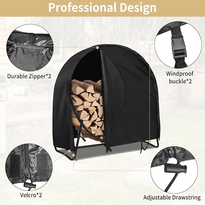 AKEfit 24 Inch Firewood Log Hoop Cover, Heavy Duty 600D Oxford Outdoor Waterproof Round Log Rack Cover with Zipper & 2 Windproof Buckle Straps & Drawstring