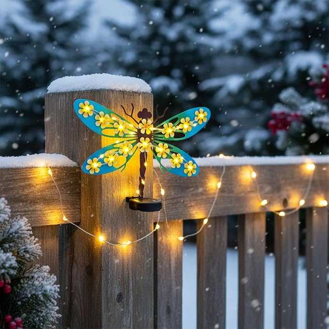 2 Pack Metal Dragonfly Outdoor Wall Decor with 30 Led Solar Lights- 13.9" Outdoor Fence Wall Art Decor, Gift for Mom Grandma Women Birthday Gardening,Hanging Decoration for Garden Patio Porch Yard
