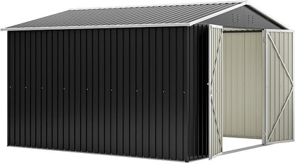 YOPTO 10x10 FT Outdoor Storage Shed,Large Metal Tool Sheds with Updated Frame Structure and Lockable Doors, Garden Shed for Backyard Patio Lawn, Black