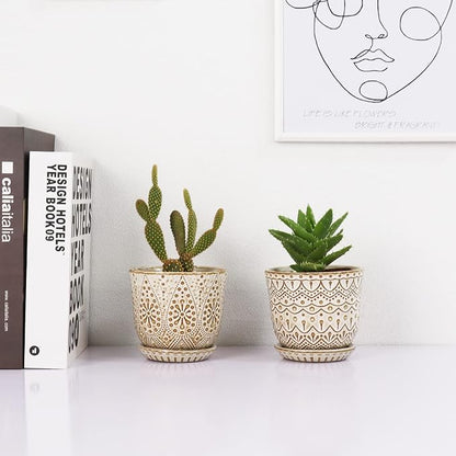 Gepege Succulent Pots, 4 Inch Small Indoor Ceramic Planter Pot with Drainage Holes and Saucers for Plants- Creamy White - Set of 4