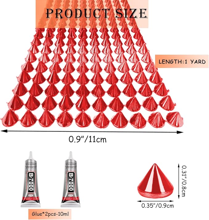 1 Yard Spike for Crafts Stude for Clothing, Red Spike Stud with Glue, Cone Flatback Plastic Trim Mesh for Holloween Party Decoration Costume DIY Crafts