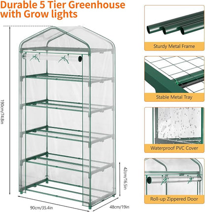 Indoor Greenhouse with Grow Light, 5-Tier Mini Greenhouse 35.4"x19"x74.8" Small Greenhouse with Zippered PVC Cover for Seed Starting Trays, Dimmable Plant Light for Indoor Plants with Timer