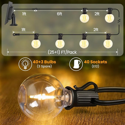 Mlambert 100FT(25FTx4) Solar Powered String Lights Outdoor, Waterproof Patio Light String with 40+3 Shatterproof LED G40 Bulbs for Backyard Garden-Black