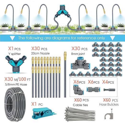 Drip Irrigation System, 100Ft 5/16 Inch Hose, 30 Adjustable Copper Nozzles, Automatic Atomizing Watering Kit for Greenhouse, Outdoor, Raised Bed, Lawn