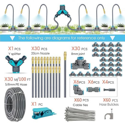 Drip Irrigation System, 100Ft 5/16 Inch Hose, 30 Adjustable Copper Nozzles, Automatic Atomizing Watering Kit for Greenhouse, Outdoor, Raised Bed, Lawn