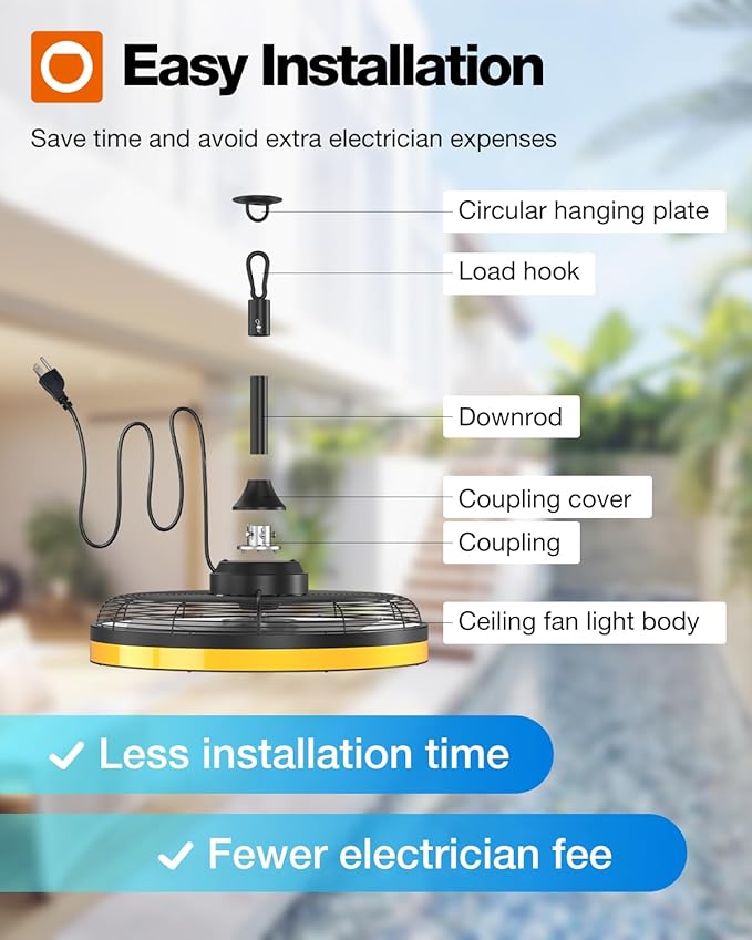 addlon Outdoor Ceiling Fan with Light for Patios, 20 inch Black Waterproof Gazebo Fan Remote&APP Control,6 Speeds 3CCT Dimmable,DC Motor, Plug in Ceiling Fan with Hook Hanging for Pergola Porch Canopy