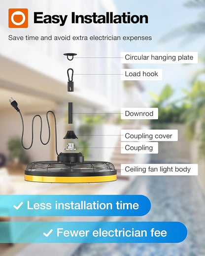addlon Outdoor Ceiling Fan with Light for Patios, 20 inch Black Waterproof Gazebo Fan Remote&APP Control,6 Speeds 3CCT Dimmable,DC Motor, Plug in Ceiling Fan with Hook Hanging for Pergola Porch Canopy