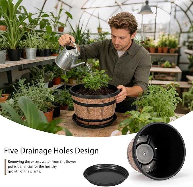 14 Inch Whiskey Barrel Planters with Drainage Holes & Saucer, 5 Pack Plastic Plant Pots with Wine Barrel Design, Flower Pots for Indoor Outdoor Balcony