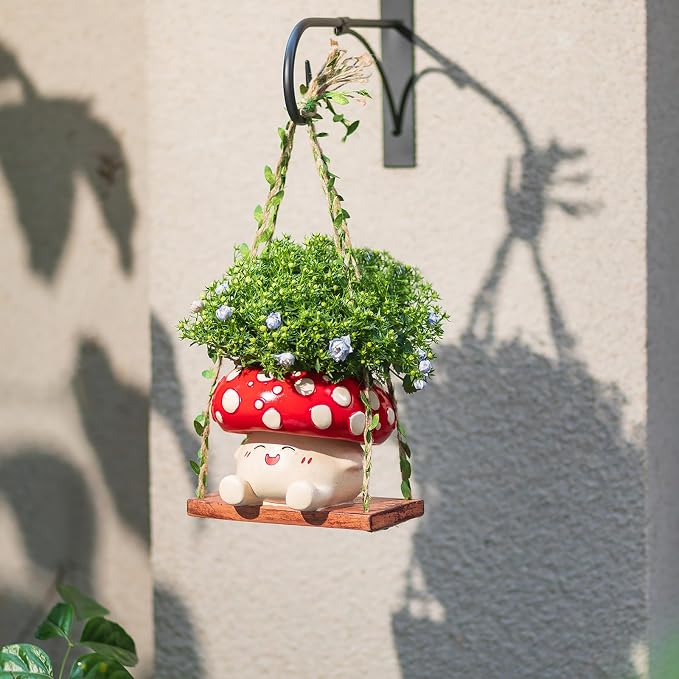 Cute Mushroom Decor for Outdoor Garden: Gardening Plant Gifts for Women Mother Plant Lovers - 3.9inch Opening Cute Smiley Hanging Planter Pot with Drainage for Pearls Succulents