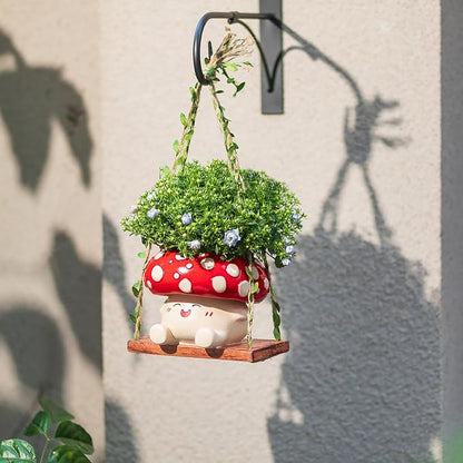 Cute Mushroom Decor for Outdoor Garden: Gardening Plant Gifts for Women Mother Plant Lovers - 3.9inch Opening Cute Smiley Hanging Planter Pot with Drainage for Pearls Succulents