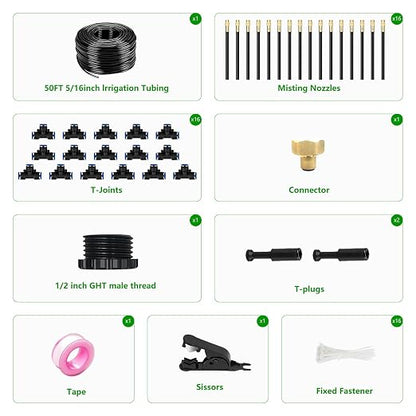 50FT Drip Irrigation System for Garden – Automatic Watering Kit with Solid Brass Metal Connectors, 360° Bendable Tubing &16 Adjustable Nozzles for Greenhouse, Lawn, Yard & Plants