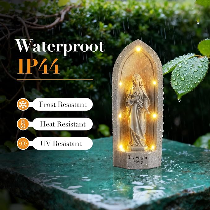 The Virgin Mary Statue with 7 Solar Light Garden Decor for Yard, Patio, Entryway, Indoor and Outdoor Religious Figurine Decoration Gifts for Mom