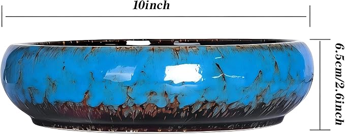 Succulent Pots, 10 Inch, Shallow Planter with Drainage for Succulent Planters, Bonsai Pots & Cactus Pots, Plant Pots, Ceramic Planters for Indoor Plants - Perfect for Home Offie Garden Decor, Blue