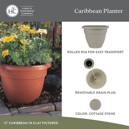The HC Companies 6 Inch Caribbean Planter Pots with Drainage & Plug, Rolled Rim Plastic Planters for Indoor Outdoor Plants, 4-Pack Decorative Flower Pots for Garden, Office & Home Decor, Cottage Stone