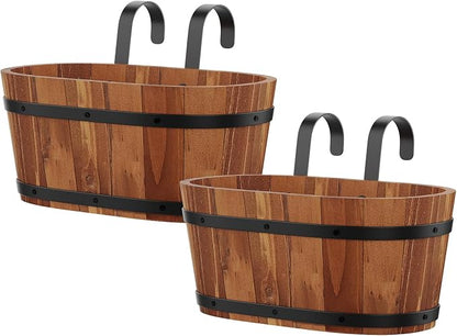 2-Pack Wooden Railing Planters, 13.2 inch Hanging Flower Pots with Detachable Hooks for Balcony, Fence, Deck, Garden, Country Home Decor -Brown
