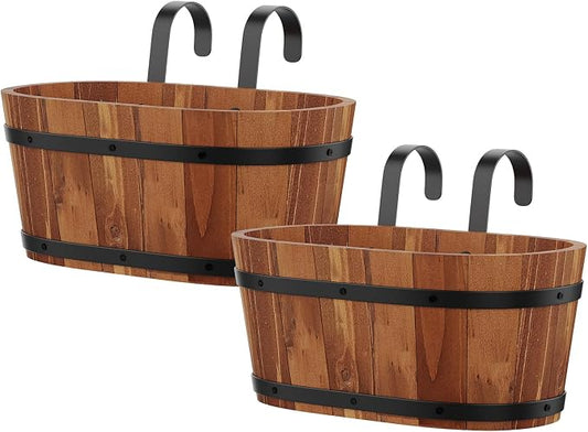 2-Pack Wooden Railing Planters, 13.2 inch Hanging Flower Pots with Detachable Hooks for Balcony, Fence, Deck, Garden, Country Home Decor -Brown