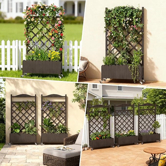 COMHOMA 2 Pack Planter Box with Trellis and Wheels, 48In Elevated Raised Garden Bed, Drainage Holes, Outdoor Lattice for Climbing Flowers, Vegetables, Patio Balcony, Brown