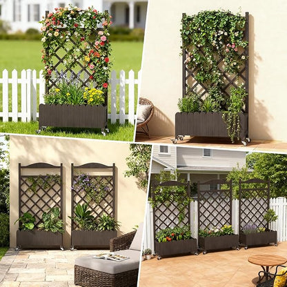 COMHOMA 2 Pack Planter Box with Trellis and Wheels, 48In Elevated Raised Garden Bed, Drainage Holes, Outdoor Lattice for Climbing Flowers, Vegetables, Patio Balcony, Brown