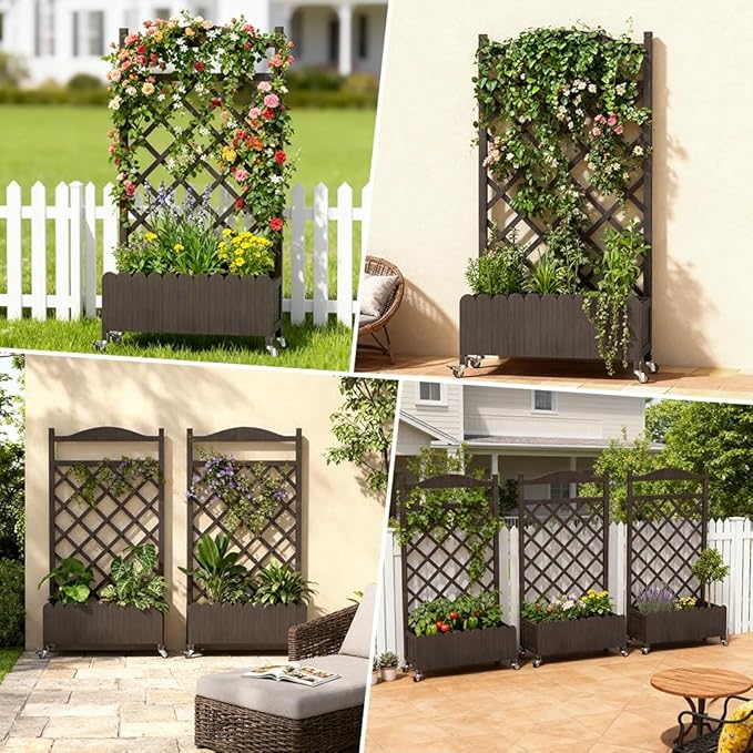 COMHOMA Planter Box with Trellis and Wheels, 48In Elevated Raised Garden Bed, Drainage Holes, Outdoor Lattice for Climbing Flowers, Vegetables, Patio Balcony, Brown