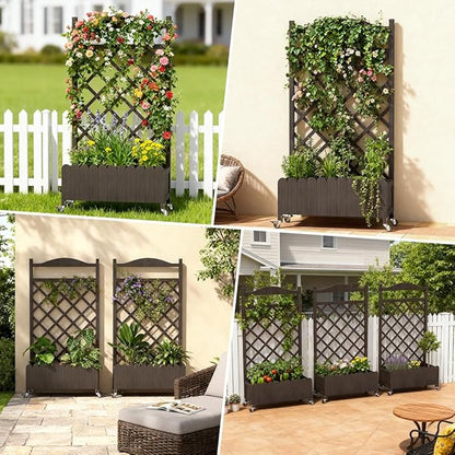 COMHOMA Planter Box with Trellis and Wheels, 48In Elevated Raised Garden Bed, Drainage Holes, Outdoor Lattice for Climbing Flowers, Vegetables, Patio Balcony, Brown