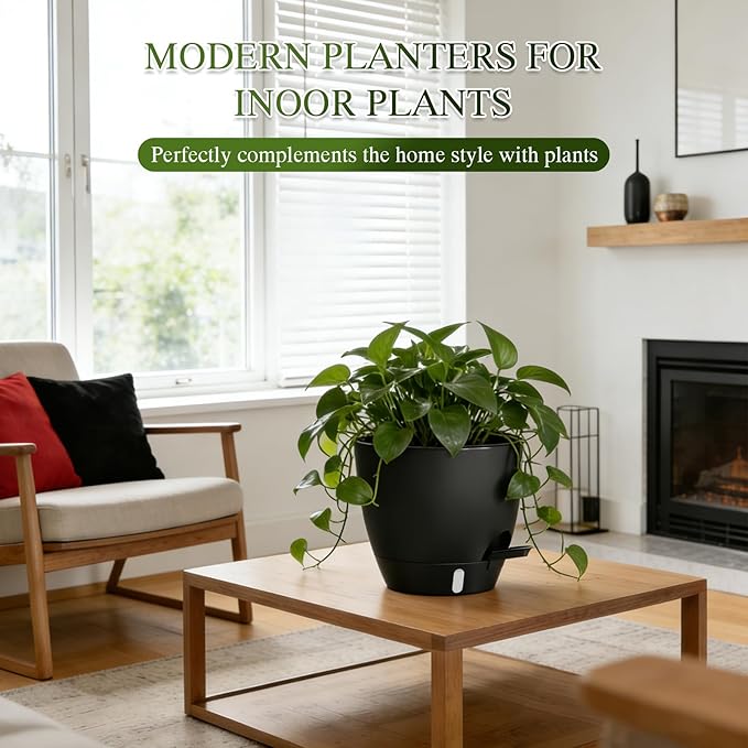 Self Watering Pots with Drainage Holes, 2 Pack 8 Inch Plant Pots with Water Level Indicator Deep Reservoir, Large Plastic Planter for Indoor Outdoor Plants - Black