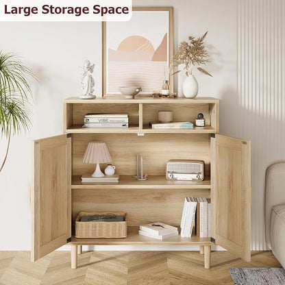 Garvee 36" Modern Rattan Sideboard Cabinet - 2-Door Storage Buffet with Shelf, Boho TV Stand & Coffee Bar for Dining Room, Kitchen & Entryway
