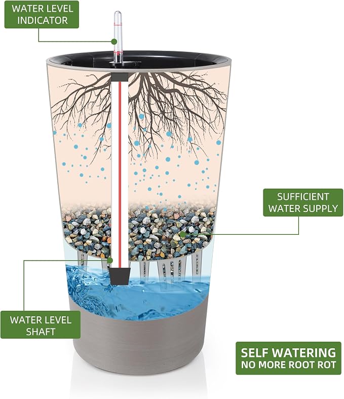 Dexceder 22x13 Self Watering Tall Planter (Coffee, Wire Drawing) | High Cylinder, Thickened Large Floor Standing Flower Plant Pot with Water Level Indicator Indoor Outdoor