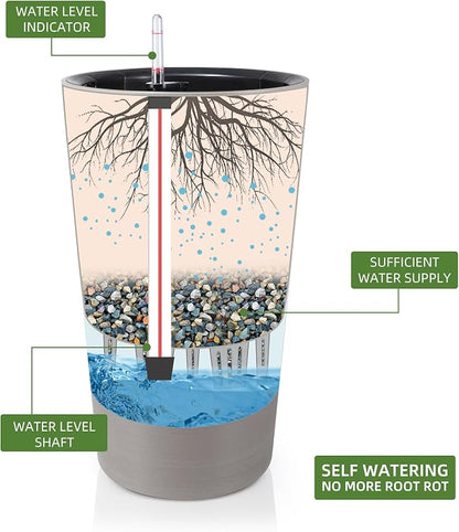 Dexceder 22x13 Self Watering Tall Planter (Coffee, Wire Drawing) | High Cylinder, Thickened Large Floor Standing Flower Plant Pot with Water Level Indicator Indoor Outdoor